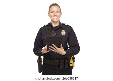 Happy Female Police Officer Digital Tablet