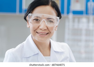 Happy Female Scientist Wearing Protective Glasses Stock Photo 687464071 ...