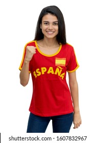 Happy Female Soccer Fan From Spain Isolated On White Background For Cut Out