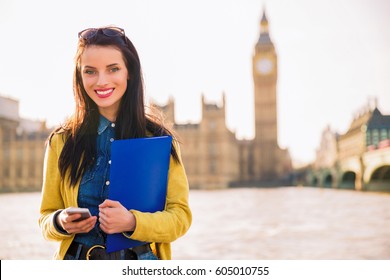 Happy female student in London