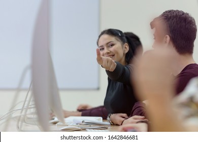 Happy female student showing thumbs up, smiling diverse young female student looking at camera with like gesture recommend good quality racial diversity equality, multiracial friendship.
