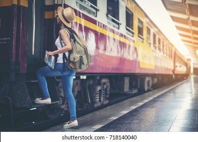 Young Asian Woman Traveler Backpack Railway Stock Photo 1606691476 ...