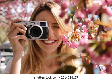 Happy female tourist taking photo of blossoming sakura outdoors on spring day