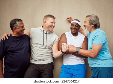 Happy, fitness or friends fist bump with goals bonding after workout, training or running exercise. Motivation, mature runners or healthy group of senior men with support or target ready for running - Powered by Shutterstock