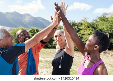 Happy Fitness Multiethnic Class Giving High Five After Completing Exercise Session. Group Of Sweaty Mature Men And Sporty Women Giving High Five And Looking Up. Smiling Friends Celebrate Success.