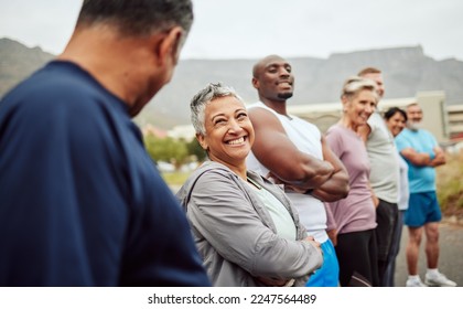 Happy, fitness or senior friends start running exercise, cardio workout or sports training outdoors. Team building, funny runners or healthy mature people with body goals talking, bonding or laughing - Powered by Shutterstock