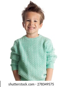 Happy Five Year Old European Boy Posing Over White Studio Background. Child With Big Smile.