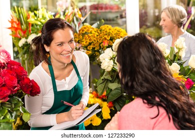 Happy Florist Writing Flower Shop Talking Customer Woman