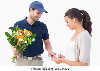 Happy Flower Delivery Man With Customer On White Background