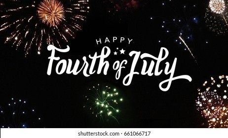 Happy Fourth of July Typography with Fireworks in Night Sky