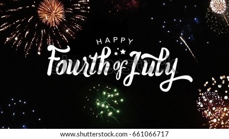 Happy Fourth of July Typography with Fireworks in Night Sky