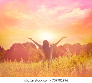 Happy Free Woman Enjoying Happiness, Freedom And Nature.