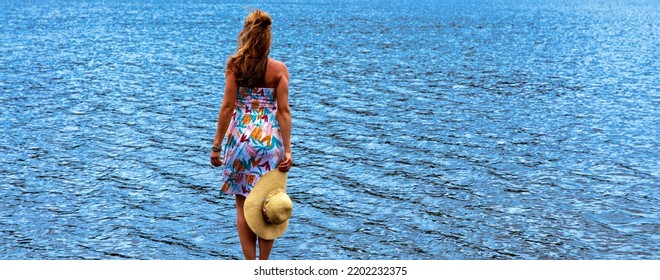 Happy Freedom Woman Looking At Blue Sea Horizon- Free Life,  Positive, Vacation Concept