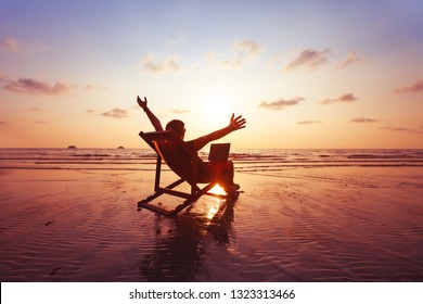 happy freelancer with laptop computer working on the beach, freelance work concept, dream office job workplace - Powered by Shutterstock