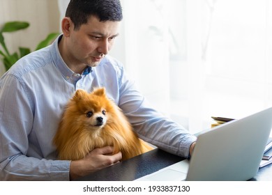 happy freelancer Millennial man using laptop, working at computer from home office, holding his pomeranian spitz dog. adoption of pet. remote work. copy space, place for text