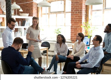 Happy Friendly Business Team Having Fun At Corporate Training, Funny Teambuilding Activity, Diverse Employees Group Laughing At Briefing, Colleagues Joking Together At Meeting, Staff Good Relations