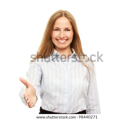 Happy and friendly businesswoman offering handshake isolated on white