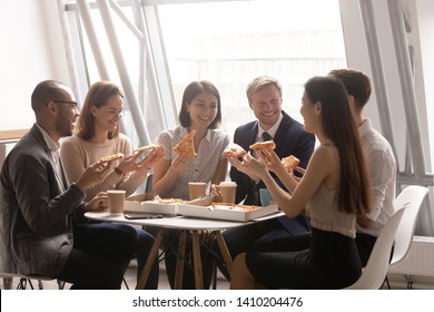 Happy Friendly Multi Ethnic Business Team People Having Fun Eating Pizza Together In Office, Smiling Diverse Workers Staff Group Talk Laugh Share Lunch Food Dinner Meal Enjoying Party At Work Break