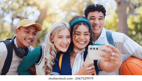 Happy friends, diversity and nature with selfie for memory, photography or review at outdoor park. Young group of people or students with smile for picture or fun moment together at college or campus - Powered by Shutterstock