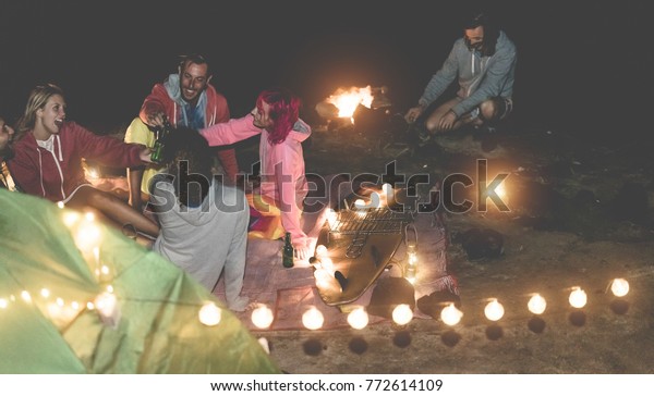 Happy Friends Drinking Beer Camping Vintage Stock Photo Edit Now Friends Drinking Beer Camping Vintage