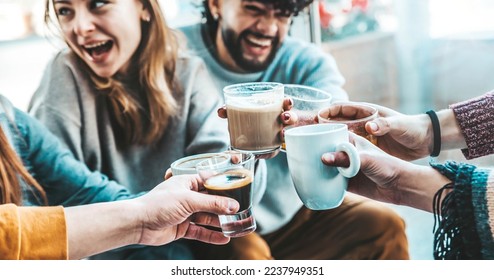 Photo of Happy friends having breakfast together at cafe bar - Group of young people drinking coffee and fresh juice sitting at brunch restaurant - Food and drink concept
