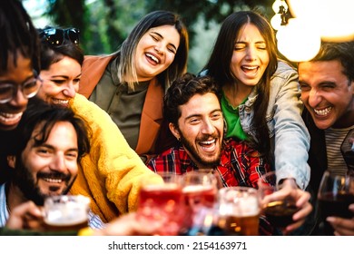 Happy Friends Having Fun Drinking At House Dinner Pic Nic Bbq Party - Mixed Age Range People Toasting Drinks At Fancy Restaurant Garden Together - Staycation Life Style Concept On Warm Night Filter