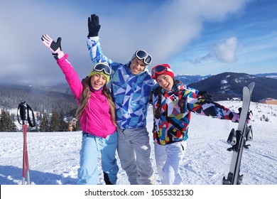 Happy Friends On Ski Piste Snowy Stock Photo 1055332130 | Shutterstock