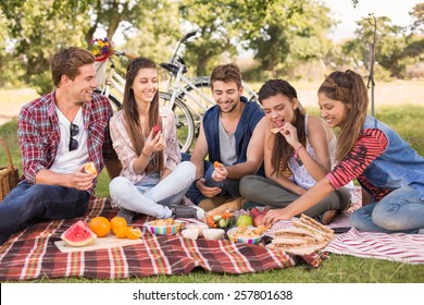 Happy Friends In The Park Having Picnic On A Sunny Day