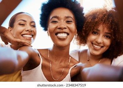 Happy, friends and selfie of African women together on social media, profile picture and post of summer holiday or vacation. People, smile and portrait with happiness in online blog or memory - Powered by Shutterstock