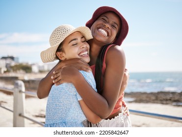 Happy, friends smile and hug on beach on holiday in summer. Traveling to the coast on vacation is good for mind, body and spiritual health. Women love to tan in the sun, explore nature and the sea - Powered by Shutterstock