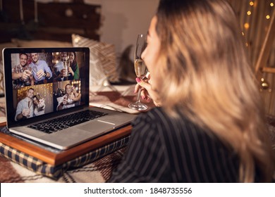 Happy Friends Talk Speak On Video Call On Quarantine From Home Celebrated Holiday Together, Diverse Smiling Have Webcam Conversation Conference On Laptop