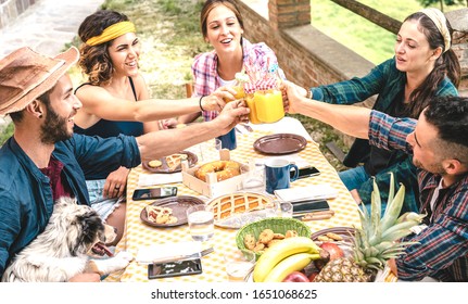 Happy friends toasting healthy fruit juice at countryside picnic - Young family concept with alternative people having fun together with cute dog on afternoon relax time - Warm bright filter