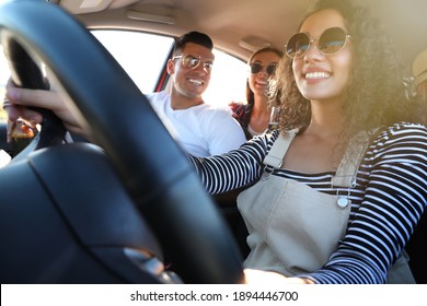 Happy Friends Together In Car On Road Trip