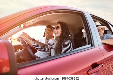 Happy Friends Together In Car On Road Trip