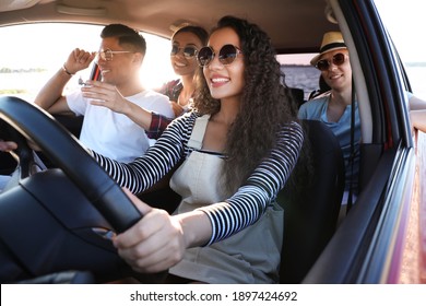 Happy Friends Together In Car On Road Trip