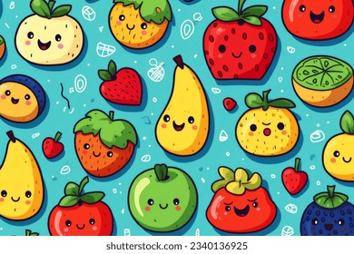 Happy fruits in a cute cartoon collectionw with a pastel background - Powered by Shutterstock