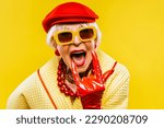 Happy and funny cool old lady with fashionable clothes portrait on colored background - Youthful grandmother with extravagant style, concepts about lifestyle, seniority and elderly people