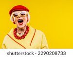 Happy and funny cool old lady with fashionable clothes portrait on colored background - Youthful grandmother with extravagant style, concepts about lifestyle, seniority and elderly people