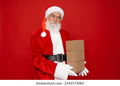 Happy funny old bearded Santa Claus wears costume holds many presents, Merry Christmas giftboxes wrapped with red ribbon, laughing standing with gift boxes having fun isolated on red xmas background. - Powered by Shutterstock