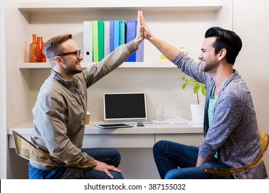 Happy Gay Couple Doing High Five In Office