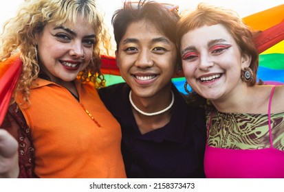 Happy Gay Friends Having Fun Together During Pride Festival - LGBT And Youth People Lifestyle Concept