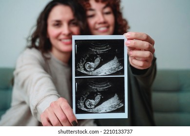 Happy Gay Lesbian Couple Holding Ultrasound Photo Scan At Home - Lgbtq Surrogate Pregnancy Concept