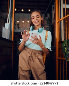 Happy gen z young woman with smartphone, social media fashion influencer in trendy cafe and youth culture in Miami. .Trendy student communication, reading text on cell and 5g technology connection