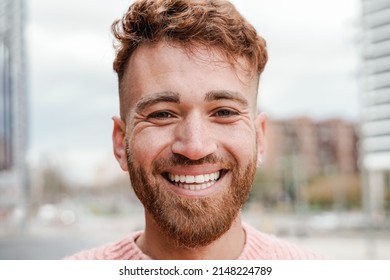 Happy Ginger Hair Man Smiling On Camera Outdoor - Redhead Authentic People Concept