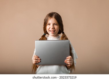 Happy Girl 12 Years Old Positive Student Going To School Holding Laptop Computer