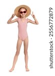 Happy girl in beachwear showing peace sign on white background