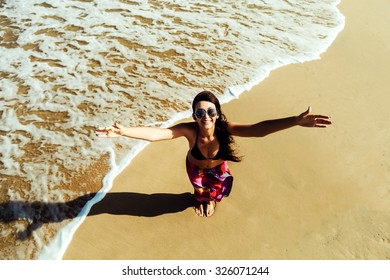 Happy Girl In Bikini On The Beach In Tropics Top View