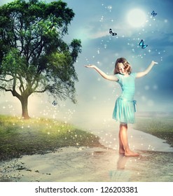 Happy Girl with Blue Butterflies at a Magical Brook