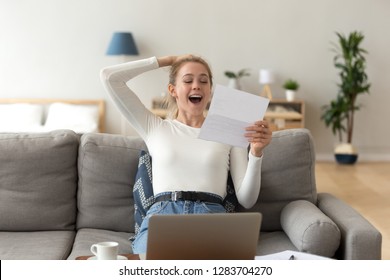 Happy Girl College Student Reading Good News About Exam Test Results In Admission Letter Excited By Receiving Scholarship, Young Woman Got New Job Opportunity Getting Hired Accepted In Paper Mail