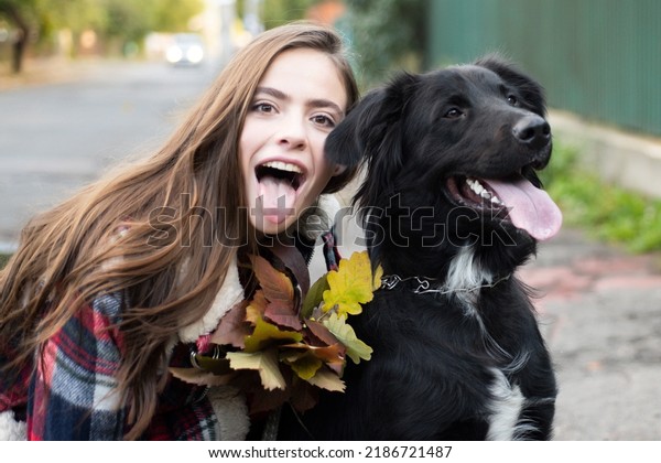 Happy girl gets\
lovely dog, plays and embraces. Humans and dogs. Girl with tongue\
embracing puppy dog\
outdoor.